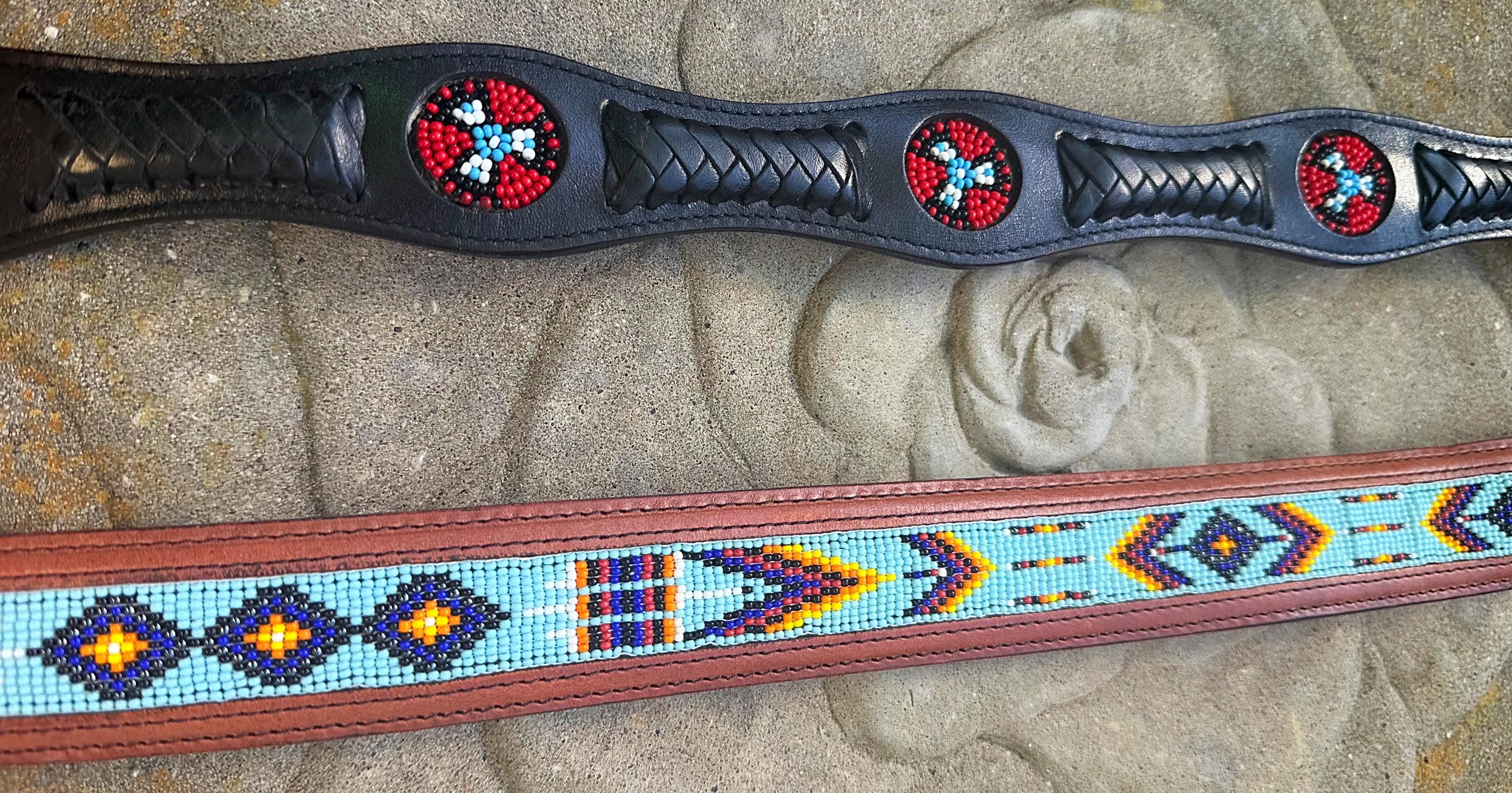 Vintage 1970 southwestern Glass Beaded Firebird Leather Western Belt size 28 Polychrome Hand-Tooled Seed Bead Western Belt by Myra Bag  main image 2