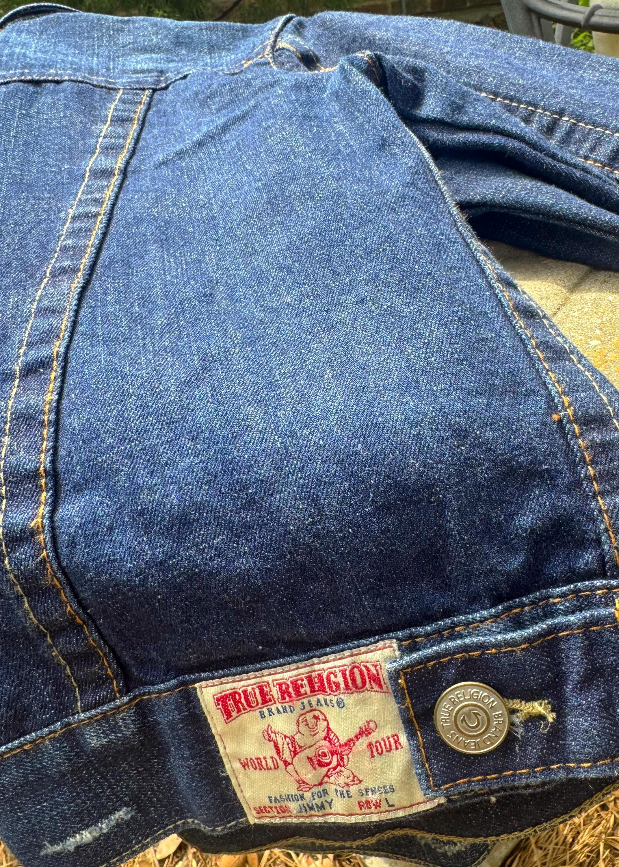 Y2K True Religion Cropped Denim Jacket: Distressed Vintage Jean
