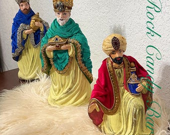 Vintage Three Kings Statue Set – Jeweled & Velvet-Robed Collectible Nativity Figures | Colorful Heirloom Holiday Décor