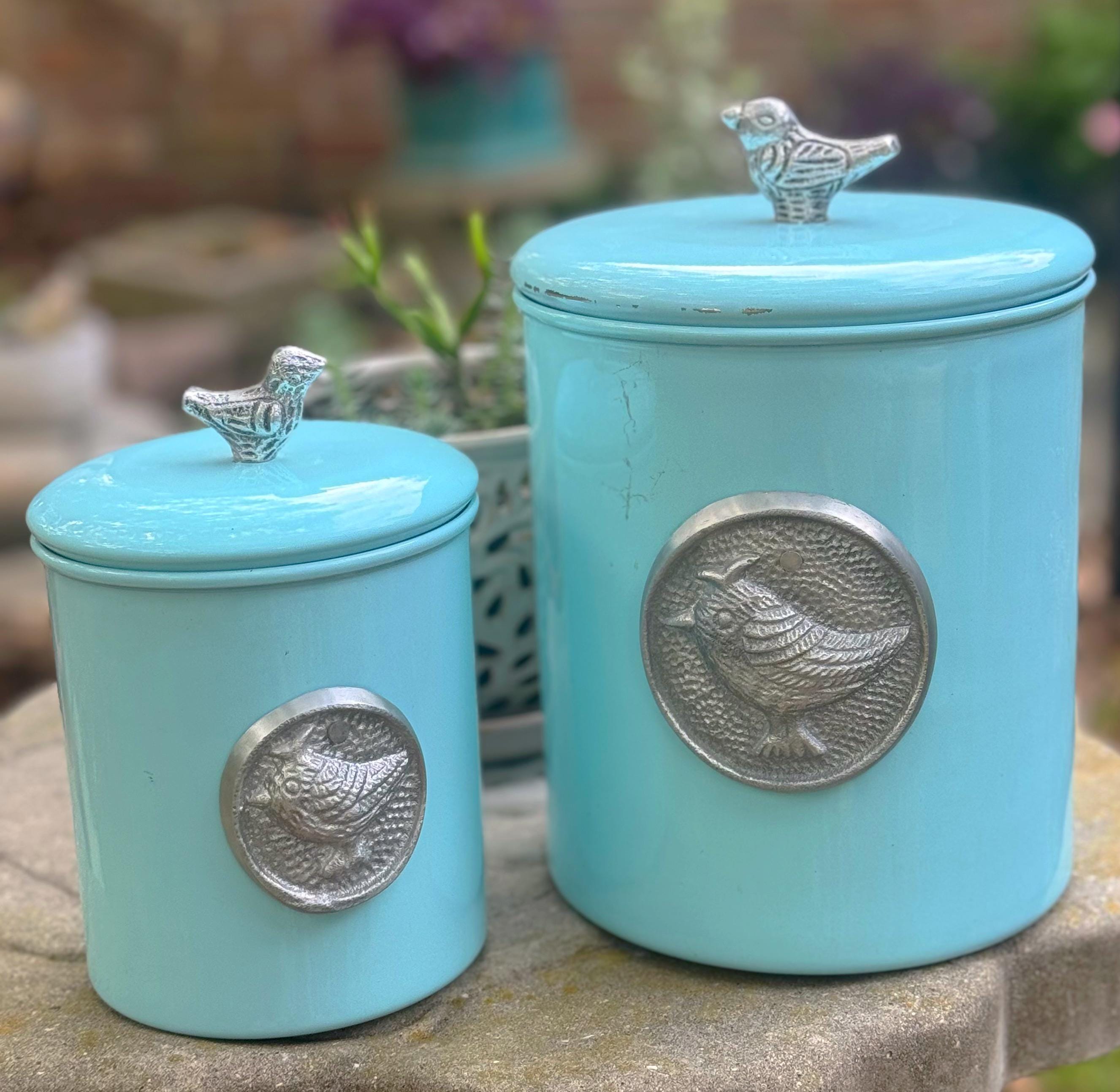 Vintage Turquoise Bird Canisters | Retro Kitchen Storage | Mid 
