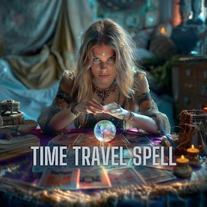 May include: A woman with long blonde hair sits at a table with tarot cards and a crystal ball. She is wearing a beaded necklace and a long, flowing dress. The text "TIME TRAVEL SPELL" is written on the table in front of her.