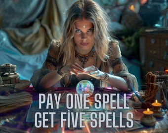 May include: A woman with long blonde hair gazes intently at a crystal ball. The image features a mystical theme, with tarot cards and candles. Text on the table reads: PAY ONE SPELL GET FIVE SPELLS.