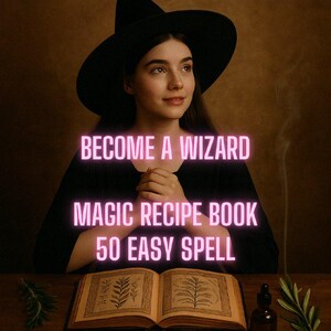 May include: A woman wearing a black witch hat and black clothing is holding a book open to a page with illustrations of plants. The text on the book reads "Become a Wizard Magic Recipe Book 50 Easy Spell".