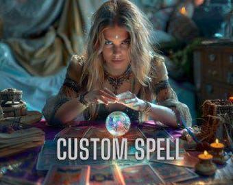 May include: A woman with long blonde hair sits at a table with a crystal ball and tarot cards. The text "CUSTOM SPELL" is displayed on the table. The scene is lit by candles and has a mystical theme.