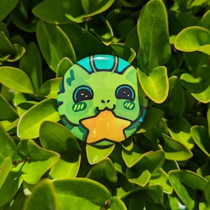 May include: A round, green button with a cartoon cat design holding a yellow star. The cat has black eyes and a turquoise stripe across the top. The button is set against a background of green leaves.