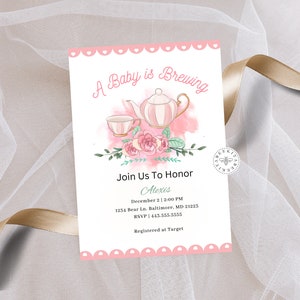Tea party, Baby shower, girl invite, girl baby shower, baby brewing baby shower, Digital Invite, Template, Canva