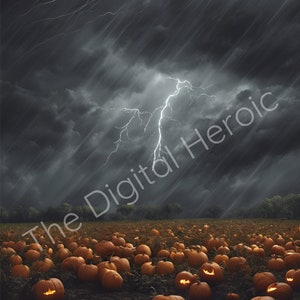 May include: A digital illustration of a pumpkin patch under a stormy sky. Lightning strikes illuminate the field of orange pumpkins, some with carved, glowing faces. The scene is dark and dramatic, with heavy rain.