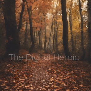 May include: A scenic autumn forest path, lined with tall trees and a carpet of fallen leaves. The image features a pathway leading into the distance, with the text "The Digital Heroic" at the bottom. The trees display vibrant orange and yellow foliage.