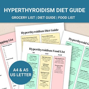 May include: A collection of printed Hyperthyroidism Diet Guide documents including a Weekly Shopping List, a Food List, and a Grocery List. The pages feature categorized sections with checkboxes and text, and a blue circular badge stating A4 & A5 US LETTER.