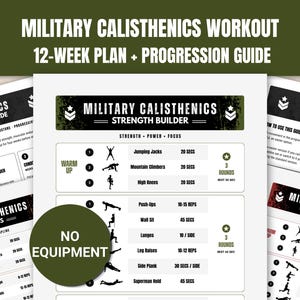 May include: A 12-week military calisthenics workout plan and progression guide printed on white paper. The document features black text, exercise icons, and olive green headers. A circular olive green badge states NO EQUIPMENT.