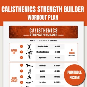 Puede incluir: Un póster imprimible blanco titulado Calisthenics Strength Builder Workout Plan con detalles en naranja. Incluye una sección de calentamiento y un circuito principal con iconos de siluetas negras de ejercicios, etiquetas de texto y duraciones.