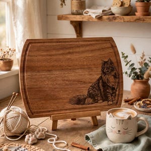 May include: A rectangular wooden cutting board featuring a laser-engraved illustration of a long-haired cat on the right side. The board has rounded corners and a grooved border along the edges, displayed upright on a small wooden easel stand.