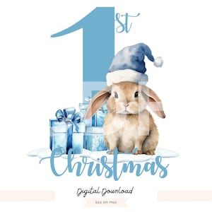 blue First Christmas PNG, blue Christmas clipart, Christmas rabbit png, blue first Christmas, 1st Christmas sublimation, blue Christmas png