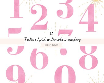 May include: Ten pink watercolor numbers with a textured finish. Each number is surrounded by a gold glitter burst.