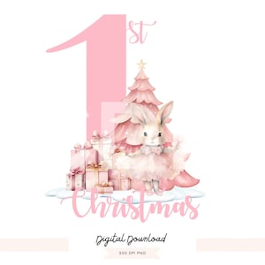 Pink First Christmas PNG, pink Christmas clipart, Christmas rabbit ballerina png, first Christmas sublimation, Christmas sublimation