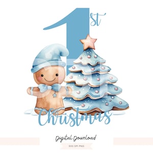 blue christmas, blue first Christmas clipart, Christmas clipart, first Xmas png, blue Clipart, watercolour christmas, blue gingerbread png