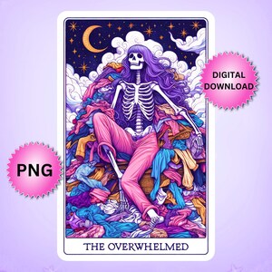 De overweldigde Tarot Card PNG, grappige vrouw skelet sublimatie ontwerp, Witchy ADHD geestelijke gezondheid T-shirt mok PNG-bestand, digitale download