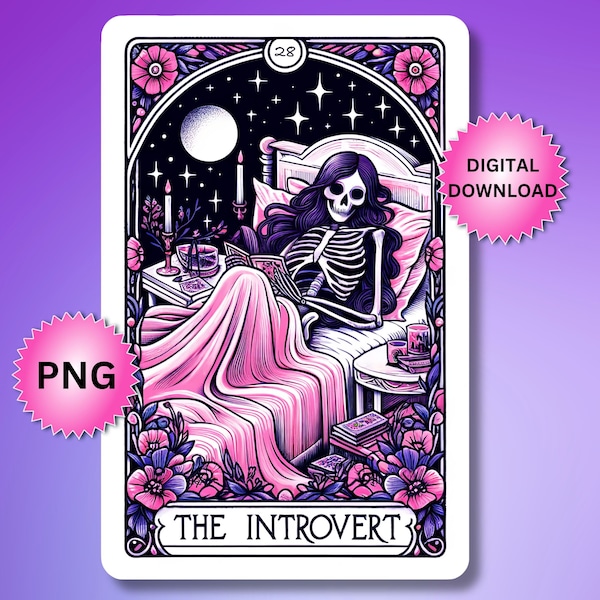 The Introvert Skeleton Tarot Card PNG, Funny Anxiety Mental Health Sublimation Design, Pink Witchy Skull T-Shirt Mug PNG File, Download