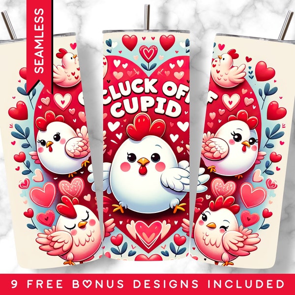 Funny Chicken Valentine 20 oz Skinny Tumbler Sublimation Design, Gluck Off Cupid Pink Hearts Digital Download PNG, Seamless Tumbler Wrap