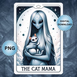 La carte de tarot chat maman PNG, drôle de femme extraterrestre Sublimation Design, Witchy Vibes chien maman T-Shirt tasse fichier PNG, téléchargement numérique
