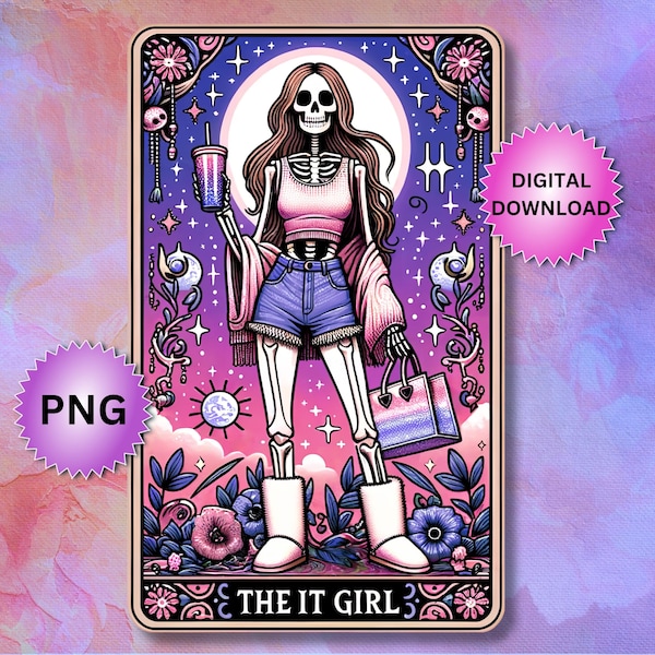 The It Girl Tarot Card PNG, Funny Witchy Fashion Sublimation Design, Pink Trendy Popular Skeleton Clipart, TShirt Mug Digital Download File