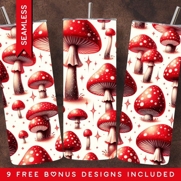 Mushroom Tumbler Wrap 20oz Sublimation Tumbler Design PNG Red Mushrooms Forest Tumbler Seamless Instant Digital Download