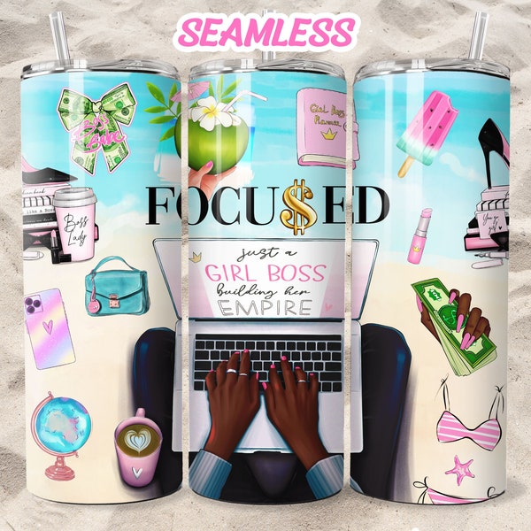 Black Woman Boss Lady Travel Tumbler Wrap, Afro CEO Girl Boss 20 Oz Skinny Sublimation Design Seamless Digital Download PNG