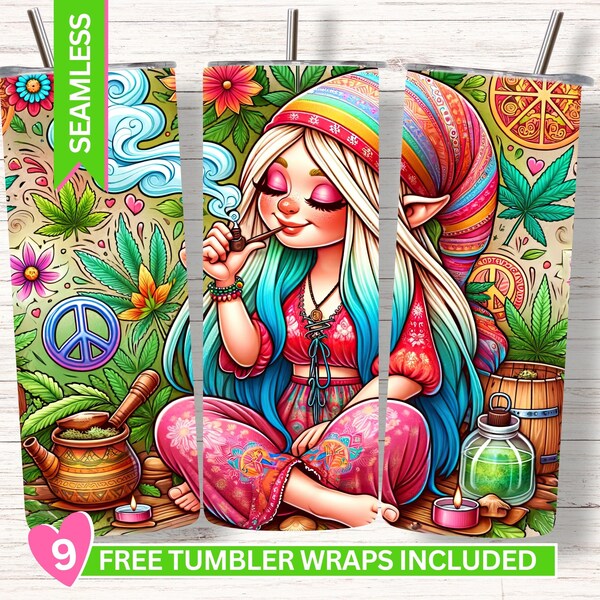 Hippie Gnome Weed Tumbler Wrap, Smoker Girl 20oz Skinny Tumbler Weed Design, Pink Green Marijuana Cannabis 420 Tumbler Sublimation Png