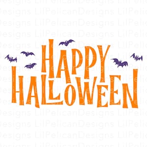 Feliz Halloween SVG, feliz Halloween clipart con murciélagos voladores, feliz Halloween png, dxf, cricut halloween svg, archivo de corte svg de silueta