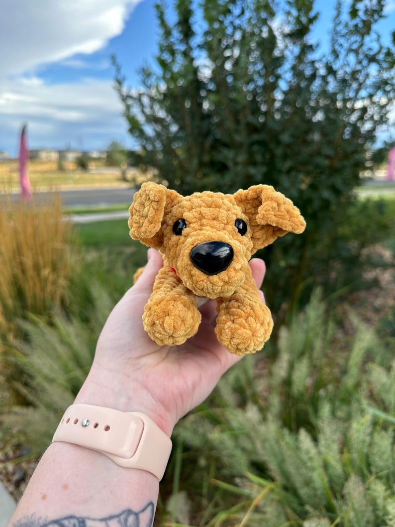 May include: A crocheted plush toy dog in a light brown color with black eyes and a black nose. The dog is sitting up with its paws in the air.