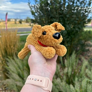 May include: A crocheted plush dog toy with brown fur, black eyes, and a red collar. The toy is being held in a person's hand.