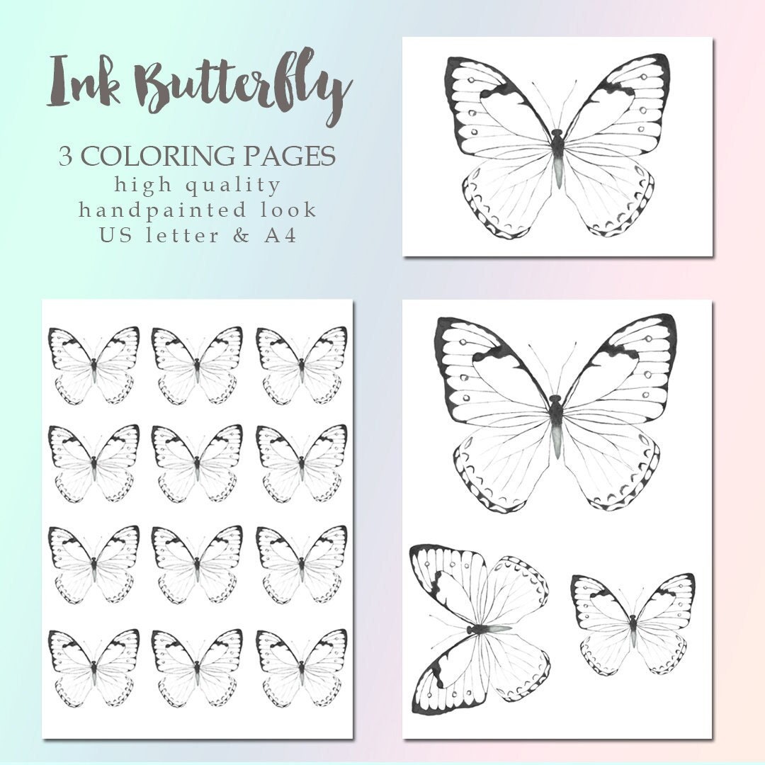 Ink Butterfly Printable Coloring Pages for Adults Kids Etsy