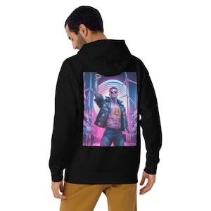 May include: Black hoodie with a graphic print of a man in a leather jacket with a Bitcoin symbol on his chest. The man is standing in a futuristic cityscape with neon lights.