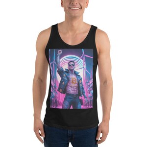 May include: A black tank top with a graphic print of a man in a leather jacket with a bitcoin symbol on his chest. The man is standing in a futuristic city with neon lights and wind turbines.