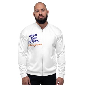 Bomberjacka Futuristisk Bitcoin Man Hodler Kryptopunk Cyberpunk Krypto Kryptovaluta Hållbar Energi