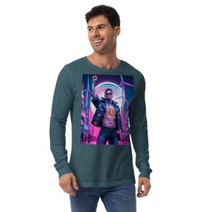 May include: A teal long-sleeve shirt with a graphic print of a man in a leather jacket with a Bitcoin symbol on his chest. The man is standing in a futuristic city with neon lights.