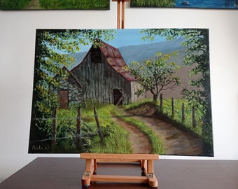 Painting On Canvas Original Barn Countryside Landscape Path Stonewall Trees Wall Decor Artwork Realism Summer Road Original Fine Art Gift