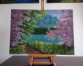 Painting On Canvas Original Lake Pink Trees Cherry Blossom Trees Landscape Mountains Wall Decor Acrylics Artwork Realism Fine Art Gift