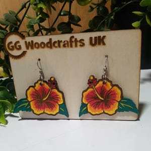 Tiki Flower Earrings, Wooden Tiki Earrings, Laser cut jewellery,  Red/Yellow Hibiscus flower earrings, Rockabilly earrings