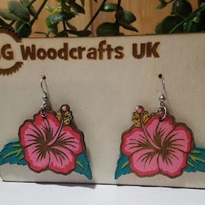 Tiki Flower Earrings, Wooden Tiki Earrings, Laser cut jewellery,  Pink Hibiscus flower earrings, Rockabilly earrings, 1950s style