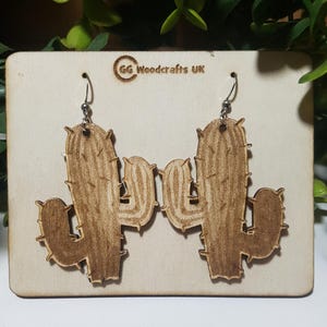 Cactus Earrings, Wooden Earrings, Laser cut jewellery, Rockabilly earrings, 1950s style earrings