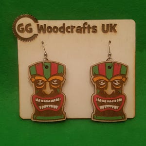 Tiki Head Earrings, Wooden Tiki Earrings, Laser cut jewellery, Rockabilly earrings, 1950s style earrings