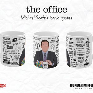 May include: Three white ceramic mugs with black text and images. The mugs feature quotes from the TV show "The Office" and a portrait of Michael Scott. The text on the mugs includes quotes such as "That's what she said", "World's Best Boss", and "I'm dead inside".