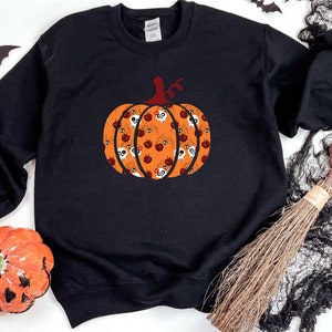 Skulls and Spiders Sweatshirt, Wormy Apples, Pattern, Halloween Shirt, Cute Pumpkin Halloween, Spooky Season