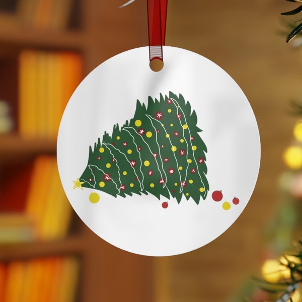 Funny Fallen Xmas Tree Ornament, Round Metal, Christmas, Red, Green, Yellow, Fun, Laugh, Gift