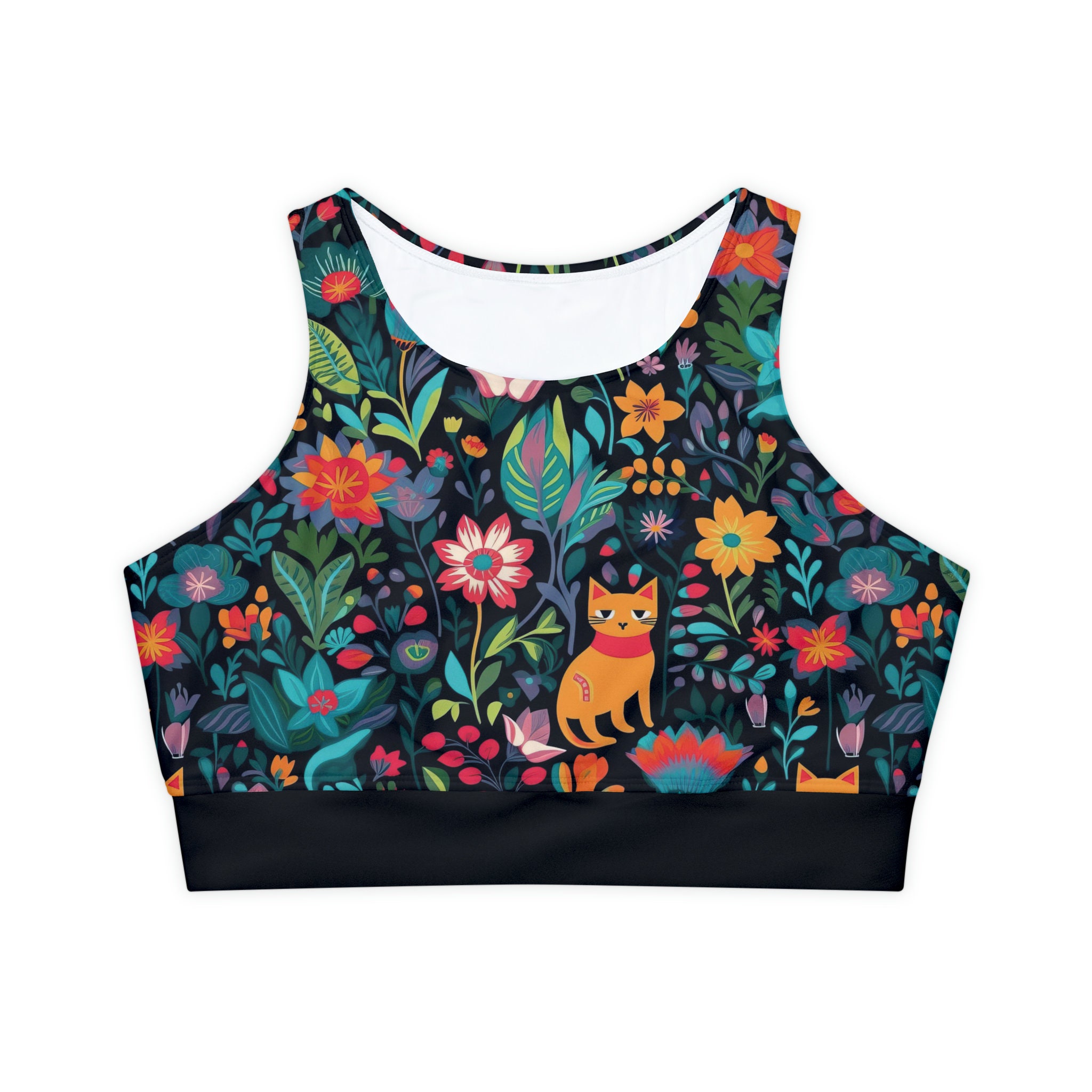 Floral Cat Sports Bra, Fun Workout Top, Gift for Her, Gym Clothes, Yoga