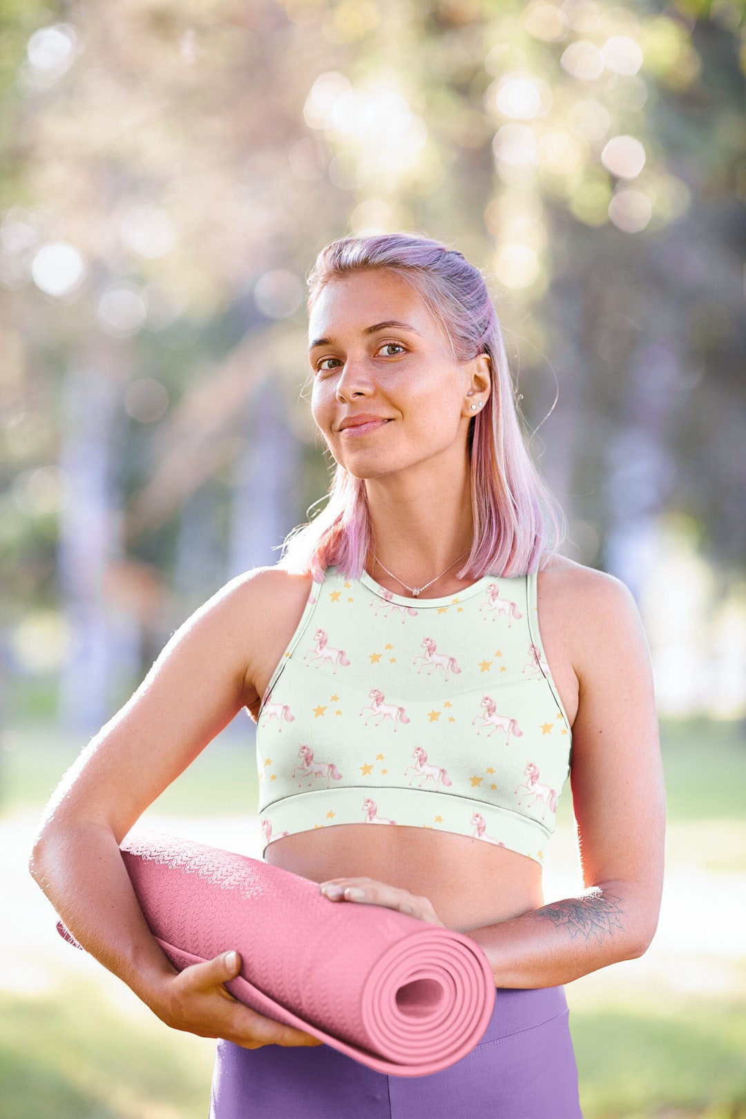 Pink Unicorn Sports Bra, Fully Lined, Padded, Green, Yellow Stars, Workout, Top, Women, Cute