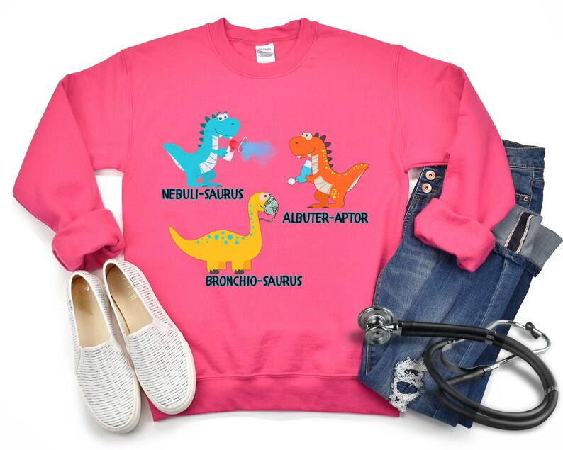 Grappig sweatshirt voor ademhalingstherapeut, shirt dinosaurus pediatrische ademhalingstherapie, aangepast shirt voor kinderarts en verpleegster, PICU RRT ronde hals Heliconia