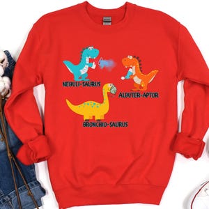 Grappig sweatshirt voor ademhalingstherapeut, shirt dinosaurus pediatrische ademhalingstherapie, aangepast shirt voor kinderarts en verpleegster, PICU RRT ronde hals Red