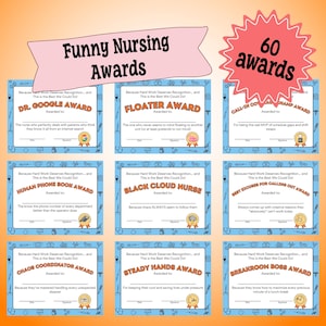 Peut inclure: Une collection de prix infirmiers humoristiques, avec des certificats tels que "Dr. Google Award" et "Black Cloud Nurse." Les certificats ont une bordure bleue et des icônes médicales. Une bannière rose indique "Funny Nursing Awards."